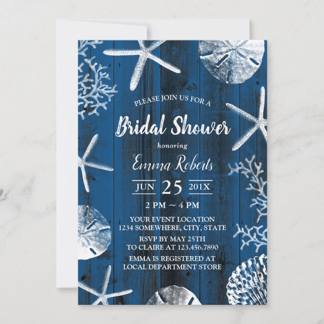 Rustic Beach Wedding Seashells Brautparty Navy Einladung (Vorderseite)