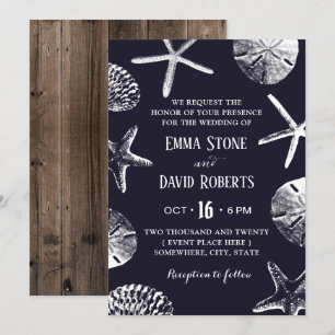 Rustic Beach Wedfish & Seashell Navy Blue Einladung