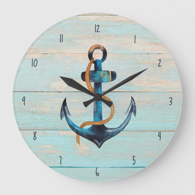 Rustic Beach Wood Nautical Anchor Coastal Große Wanduhr (Vorderseite)