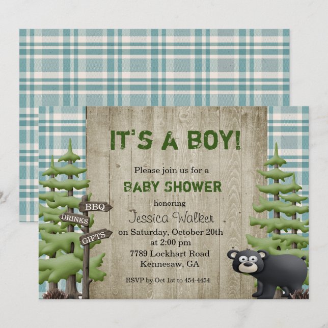 Rustic Bear Baby shower Invitation Garçon (Devant / Derrière)