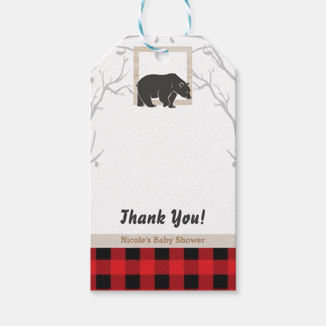 Rustic Bear Kariert Baby Dusche Party Gastgeschenk Geschenkanhänger (Vorderseite)