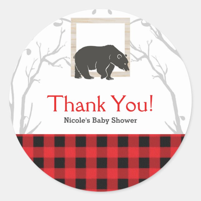 Rustic Bear Kariert Baby Dusche Party Gastgeschenk Runder Aufkleber (Vorderseite)