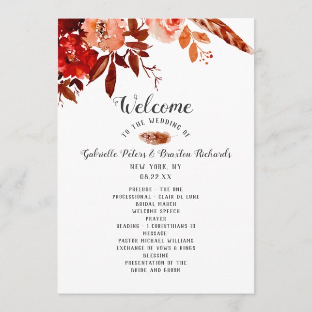 Rustic Beauty Floral Boho Chic Hochzeitsfeier Programm (Vorderseite)