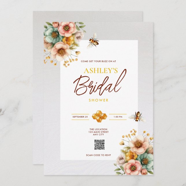 Rustic Bee Thème QR Code Bridal Shower Invitation (Devant / Derrière)