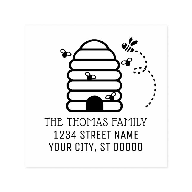 Rustic Beehive and Flying Bees Name Address Permastempel (Design)