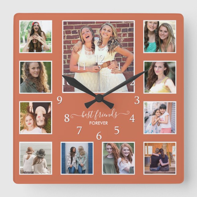 Rustic Best Friends 11 Foto Collage Quadratische Wanduhr (Vorderseite)