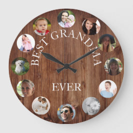 Rustic Best Grandma Ever Photo Collage Wood Große Wanduhr