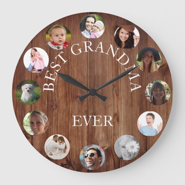 Rustic Best Grandma Ever Photo Collage Wood Große Wanduhr (Vorderseite)