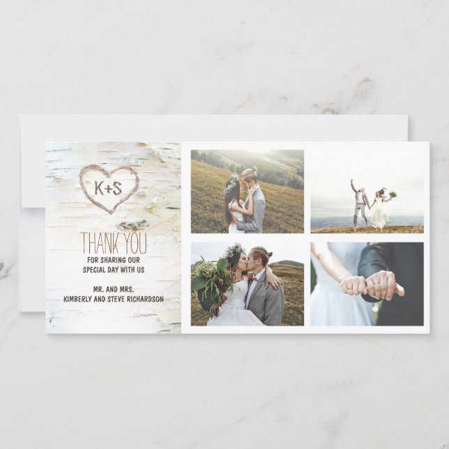 Rustic Birch Bark Heart Wedding Vielen Dank Dankeskarte (Vorderseite)