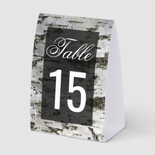 Rustic Birch Tree Bark Modern Wedding Table Number Tischaufsteller (Vorderseite)