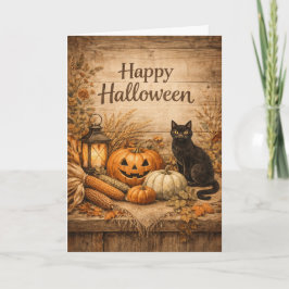 Rustic Black Cat Corn Halloween Karte