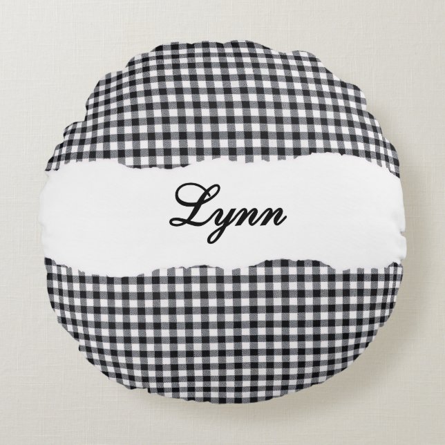 Rustic Black Gingham Personalized Name Rundes Kissen (Vorderseite)