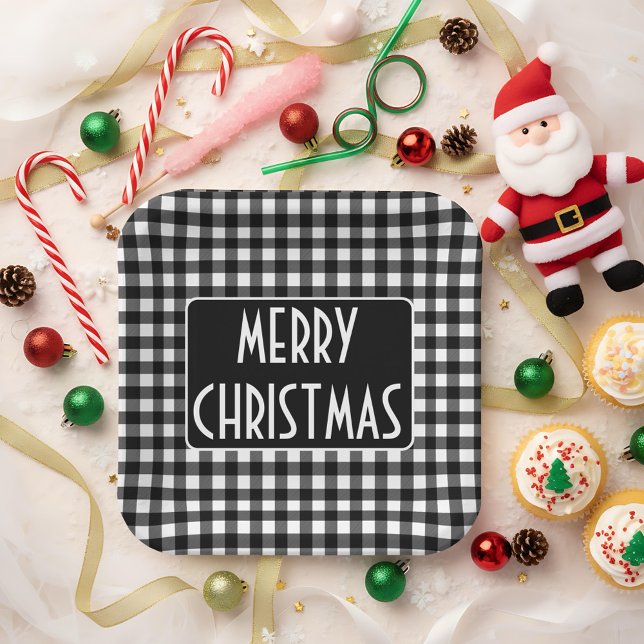 Rustic Black & White Buffalo Plaid Merry Christmas Pappteller (Von Creator hochgeladen)
