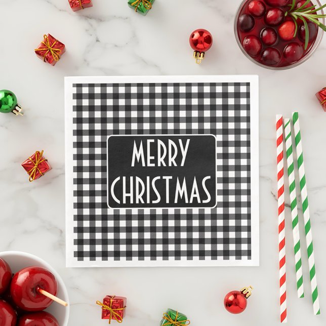 Rustic Black & White Buffalo Plaid Merry Christmas Serviette (Von Creator hochgeladen)