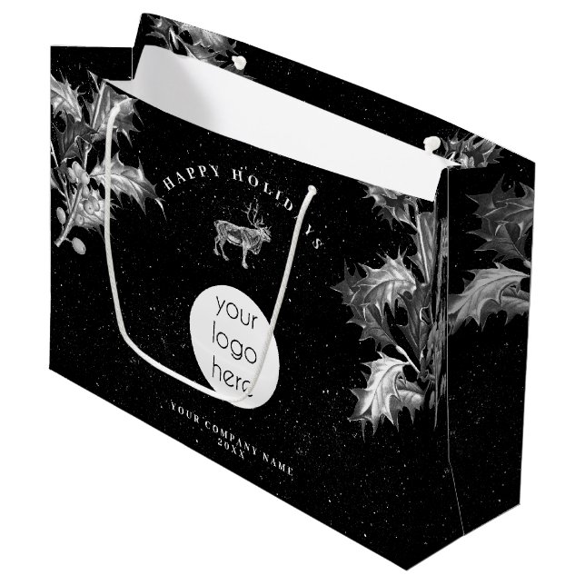 Rustic Black White Holiday Business Logo Christmas Große Geschenktüte (Vorderseite Schrägansicht)