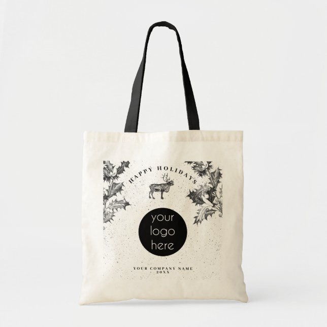 Rustic Black White Holiday Business Logo Christmas Tragetasche (Vorne)