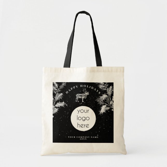Rustic Black White Holiday Business Logo Christmas Tragetasche (Vorne)