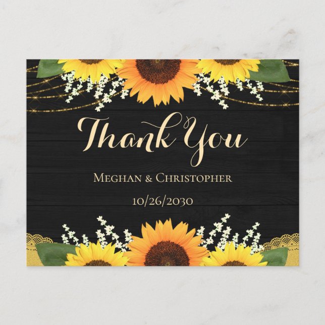 Rustic Black Wood Gold Sonnenblume Hochzeit Vielen Postkarte (Vorderseite)