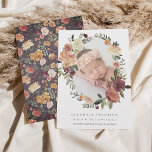 Rustic Bloom Birth Announcement Ankündigung<br><div class="desc">Elegant botanical birth announcements feature your sweet little one's photo encircled by an oval wreath of lush green foliage and watercolor flowers in autumn hues of burgundy and blush. Personalize with your baby's name and birth stats beneath.</div>