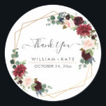 Rustic Bloom Blush Burgundy Eukalyptus Vielen Dank Runder Aufkleber<br><div class="desc">Rustikale Aquarell Eukalyptus,  dunkelbordeauxfarbene Blume und rot rosa Rosen,  danke Ihnen Gastgeschenk Hochzeit Aufkleber mit lustigen und modernen handgeschriebenen Skript-Schriftart und süße Honeycomb in Imitate Goldfolie und DIY Hintergrund Farbe. Copyright © 2016-2020 Bombino Designs™. Alle Rechte vorbehalten.</div>
