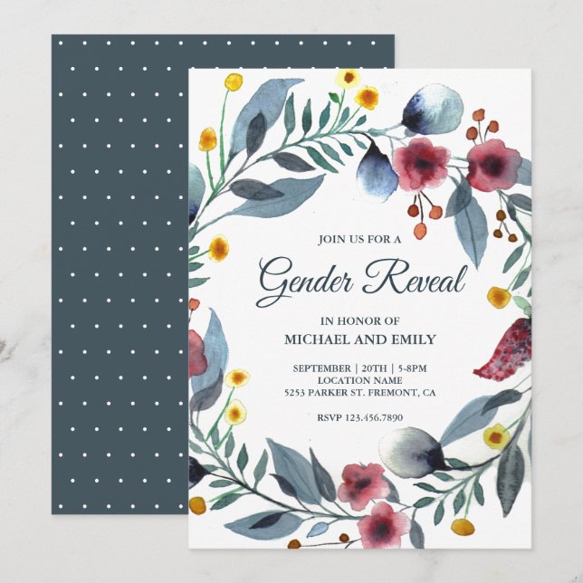Rustic Blue and Pink Floral Wreath Gender Reveal Einladung (Vorne/Hinten)