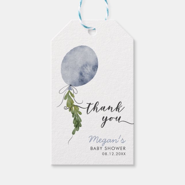 Rustic Blue Balloon Danke Baby Dusche Geschenkanhänger (Vorderseite)