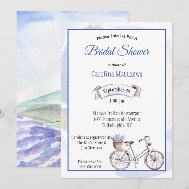 Rustic Blue Bicycle Lavender Floral Brautparty Einladung (Vorne/Hinten)