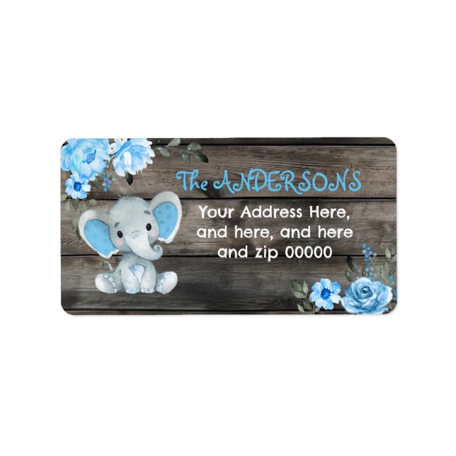 Rustic Blue Elephant Rücksendeadresse Baby Dusche Adressaufkleber (Vorne)