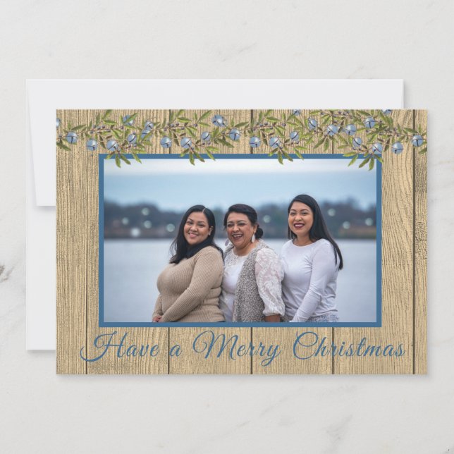Rustic Blue Family Foto Frohe Weihnachten (Vorderseite)