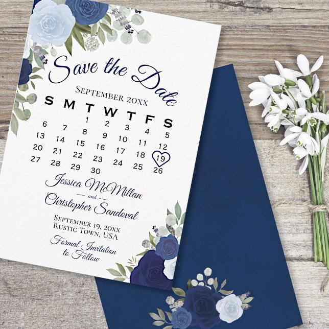 Rustic Blue Floral Elegante Boho Wedding Calendar Save The Date (Front/Back)