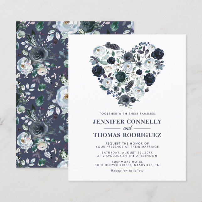 Rustic Blue Floral Heart Budget Hochzeit Einladung (Vorne/Hinten)