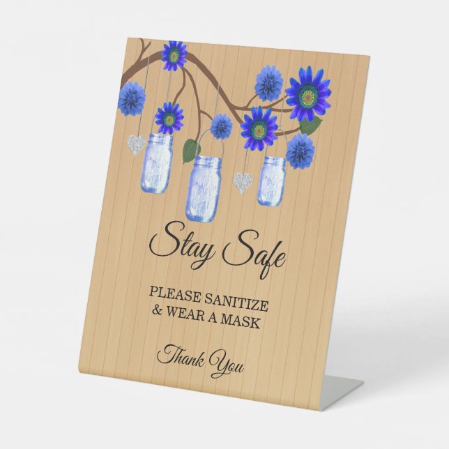 Rustic Blue Floral Mason Jars Hochzeitsicherheit Sockelschild (Vorderseite)
