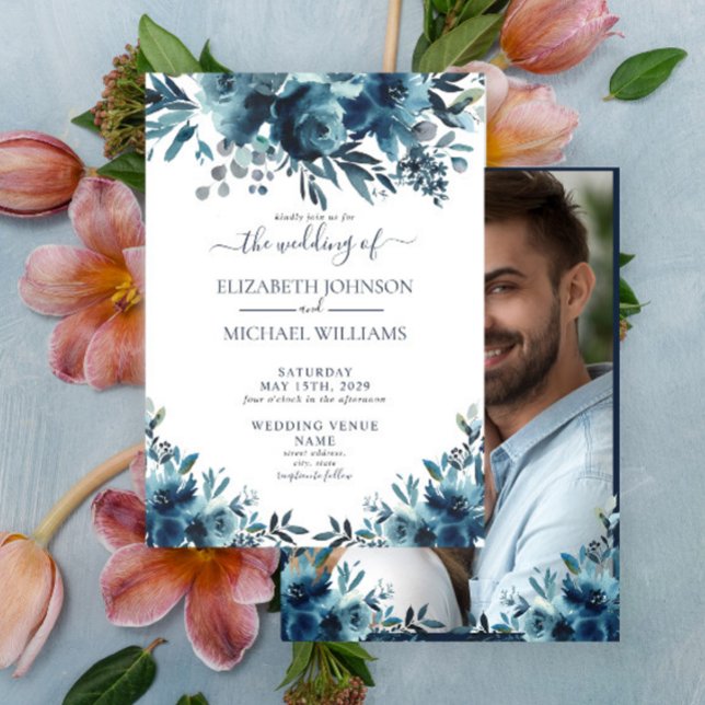 Rustic Blue Floral Script Foto Wedding Einladung (Von Creator hochgeladen)