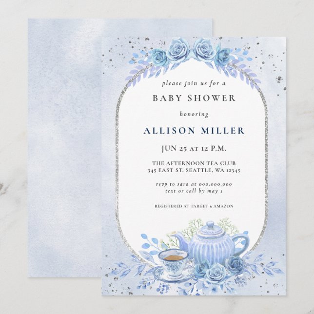 Rustic Blue Floral Tee Party Babydusche Einladung (Vorne/Hinten)