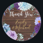 Rustic Blue Floral Vielen Dank Ihnen für Sticker<br><div class="desc">Wunderschönes rustikales Hochzeitsstück mit Aquarellblumen und violetten Blumen, grünen Blätter und Holzzaun im Hintergrund. Die Schriftart sind moderne handgeschriebene Schriften und Schriftzeichen in kontrastfarbenen Grautönen. Der Text kann bearbeitet werden, um genau Ihre Bedürfnisse Anzug. Um passende Elemente anzuzeigen, rufen Sie die angehängte Auflistung auf oder kontaktieren Sie den Designer LeahG....</div>