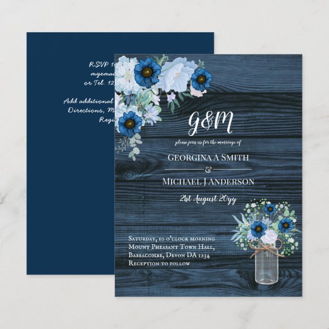 Rustic Blue Floral Wedding Einladungen Mason Jar (Vorne/Hinten)