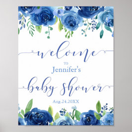 Rustic Blue Flowers Baby Shower Welcome Poster