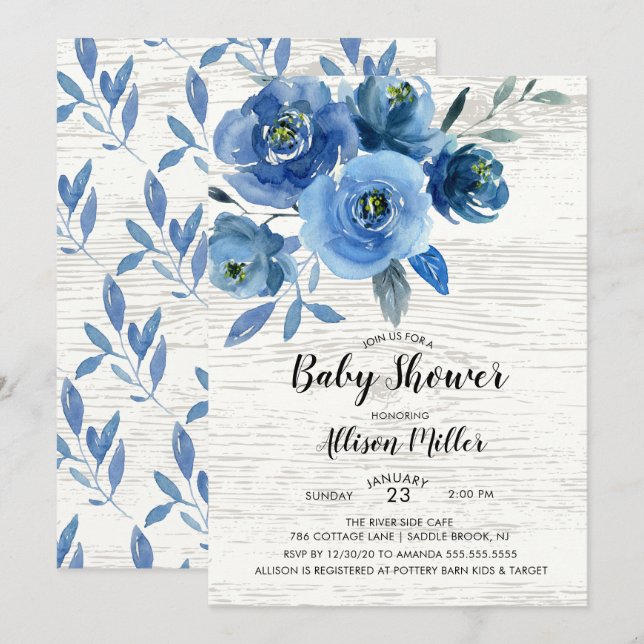 Rustic Blue Flowers Babydusche Einladung (Vorne/Hinten)
