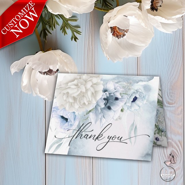 Rustic Blue Flowers White Dahlia Garden Vielen Dan Dankeskarte (Easy to customize with your details - part of a coordinated wedding suite )