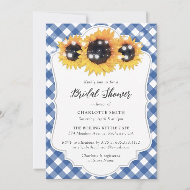 Rustic Blue Gingham Sunflower Brautparty Einladung (Vorderseite)