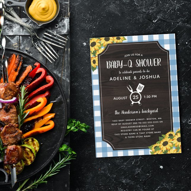 Rustic Blue Gingham Sunflowers Baby-Q Dusche Einladung (Von Creator hochgeladen)