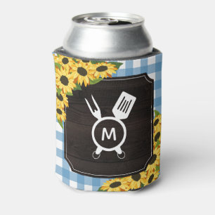 Rustic Blue Gingham Sunflowers Monogram Dosenkühler