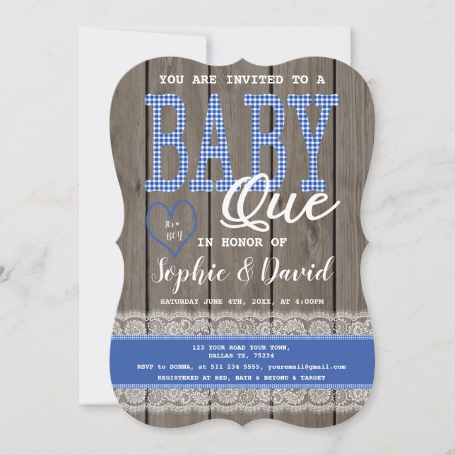 Rustic Blue Gingham Wood Boy Baby Dusche GRILLEN Einladung (Vorderseite)