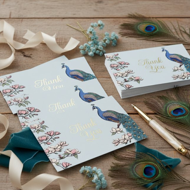 Rustic Blue & Gold Pfau Dankeschön Karte (Elegant Blue & Teal Peacock & Magnolia Flowers Thank You Card. Chic Blue Peafowl Card with Gold Foil)
