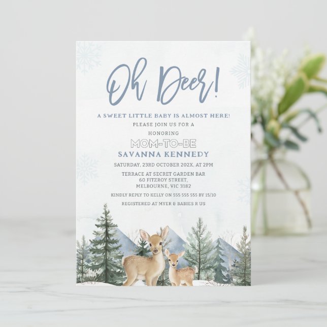 Rustic Blue Green Winter Oh Deer Baby Shower Einladung (Stehend Vorderseite)