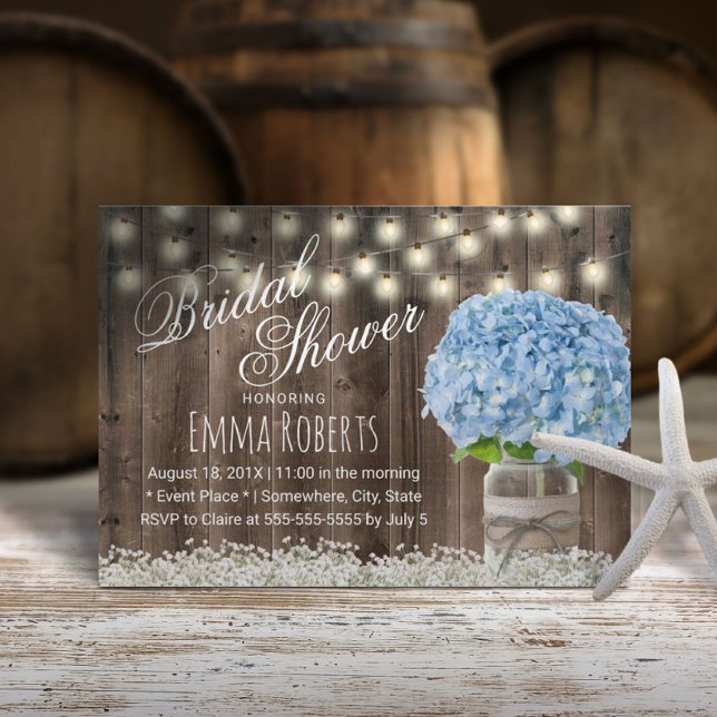 Rustic Blue Hydrangea Floral Jar Brautparty Einladung (Von Creator hochgeladen)