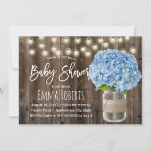 Rustic Blue Hydrangea Floral Jar Wood Baby Dusche Einladung