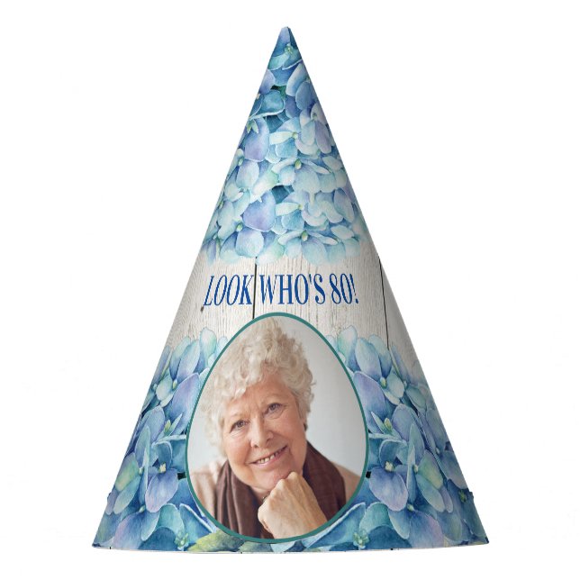 Rustic Blue Hydrangea Foto 80. Geburtstag Partyhütchen (Vorderseite)