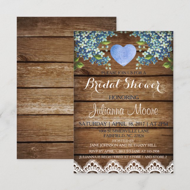 Rustic Blue Hydrangea & Lace Brautparty Card Einladung (Vorne/Hinten)