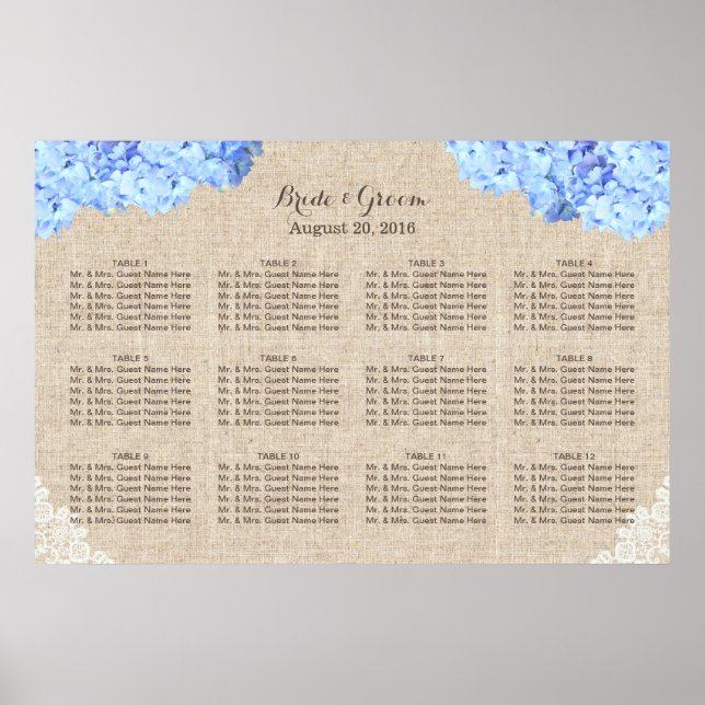Rustic Blue Hydrangea Lace Burlap Hochzeit Poster (Vorne)